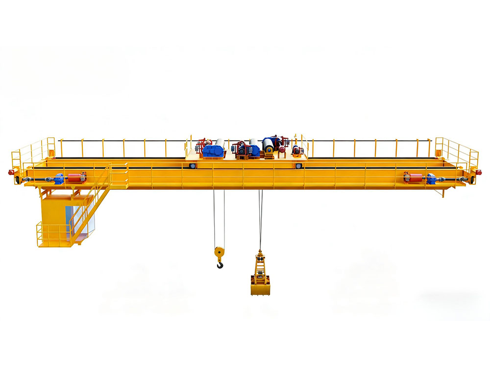 Dual purpose bridge crane with grab bucket and hook